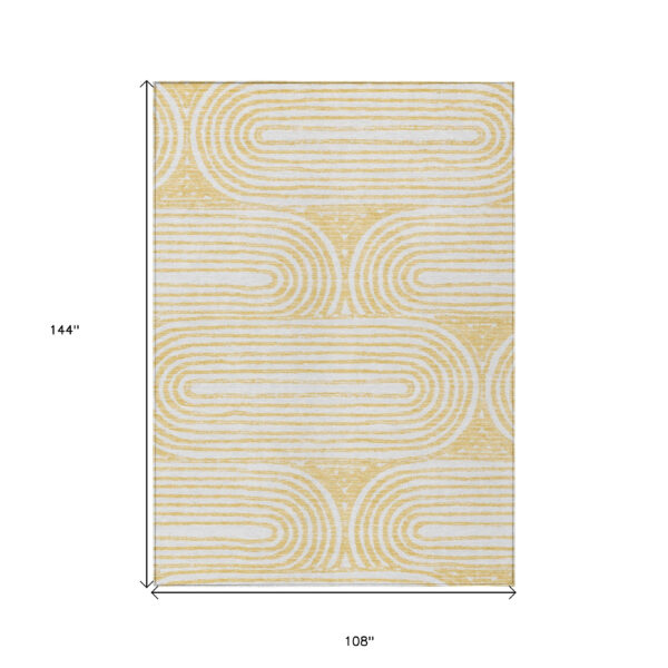9' X 12' Gold and White Abstract Washable Non Skid Indoor Outdoor Area Rug