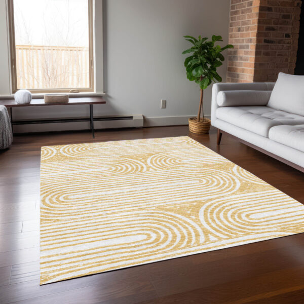 9' X 12' Gold and White Abstract Washable Non Skid Indoor Outdoor Area Rug