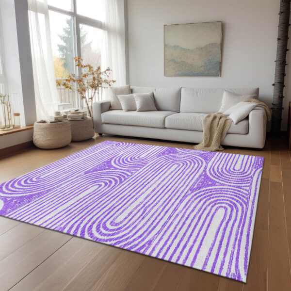 5' X 8' Purple and White Abstract Washable Non Skid Indoor Outdoor Area Rug
