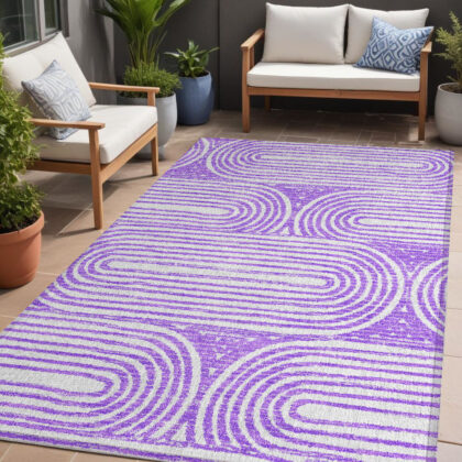 5' X 8' Purple and White Abstract Washable Non Skid Indoor Outdoor Area Rug