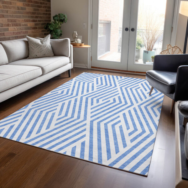 3' X 5' Blue and Ivory Geometric Washable Non Skid Indoor Outdoor Area Rug