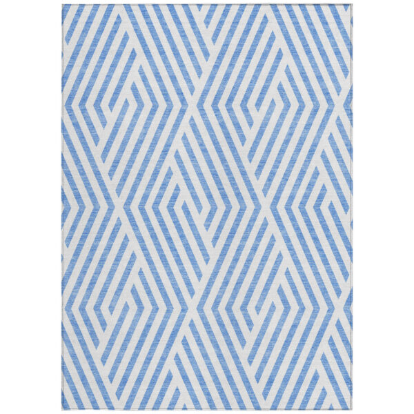 3' X 5' Blue and Ivory Geometric Washable Non Skid Indoor Outdoor Area Rug
