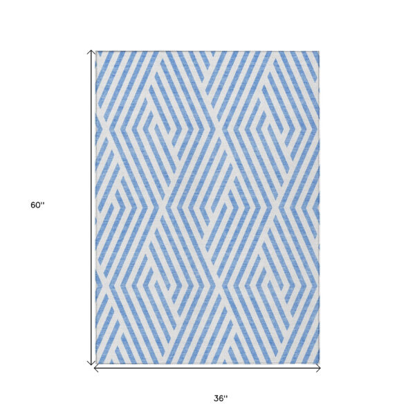 3' X 5' Blue and Ivory Geometric Washable Non Skid Indoor Outdoor Area Rug