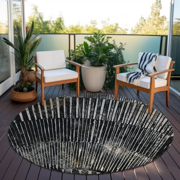 8' Round Black and Ivory Round Abstract Washable Non Skid Indoor Outdoor Area Rug