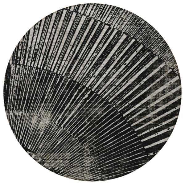 8' Round Black and Ivory Round Abstract Washable Non Skid Indoor Outdoor Area Rug