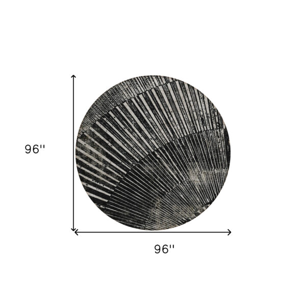 8' Round Black and Ivory Round Abstract Washable Non Skid Indoor Outdoor Area Rug