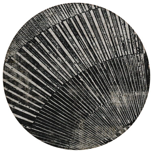 8' Round Black and Ivory Round Abstract Washable Non Skid Indoor Outdoor Area Rug