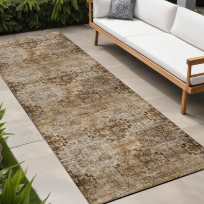 2' X 8' Taupe Floral Medallion Washable Non Skid Indoor Outdoor Runner Rug