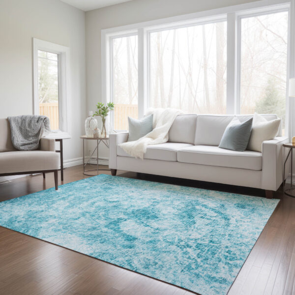8' X 10' Teal Abstract Washable Non Skid Indoor Outdoor Area Rug