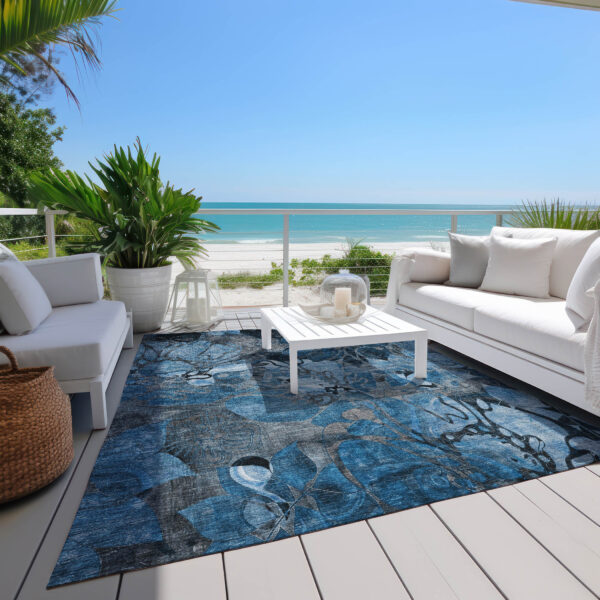 5' X 8' Blue and Gray Abstract Washable Indoor Outdoor Area Rug