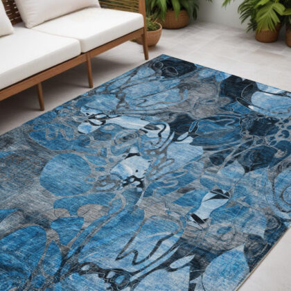 5' X 8' Blue and Gray Abstract Washable Indoor Outdoor Area Rug