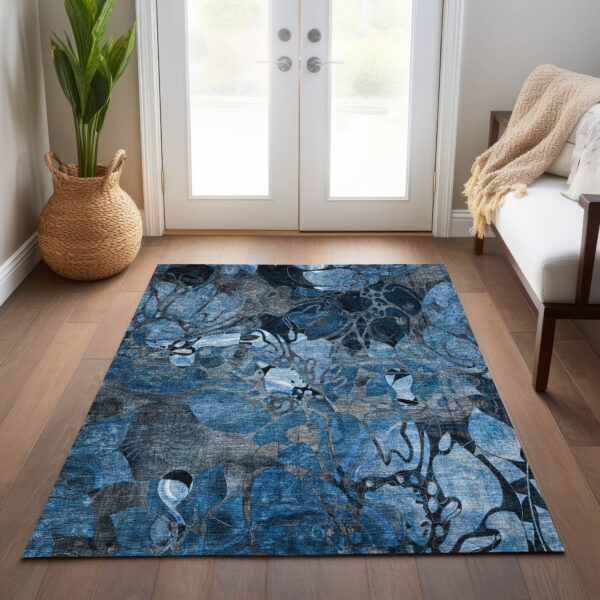 5' X 8' Blue and Gray Abstract Washable Indoor Outdoor Area Rug