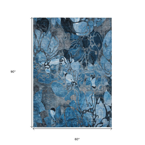 5' X 8' Blue and Gray Abstract Washable Indoor Outdoor Area Rug