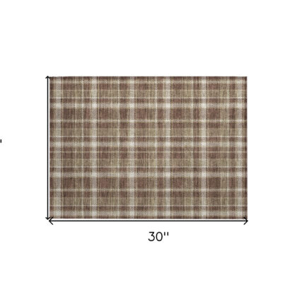 2' X 3' Chocolate and Ivory Plaid Washable Non Skid Indoor Outdoor Area Rug