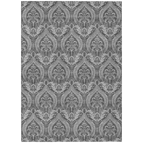 10' X 14' Gray Damask Washable Non Skid Indoor Outdoor Area Rug