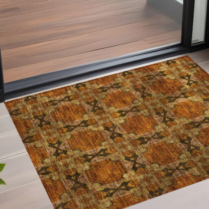 3' X 5' Orange and Rust Floral Medallion Washable Non Skid Indoor Outdoor Area Rug
