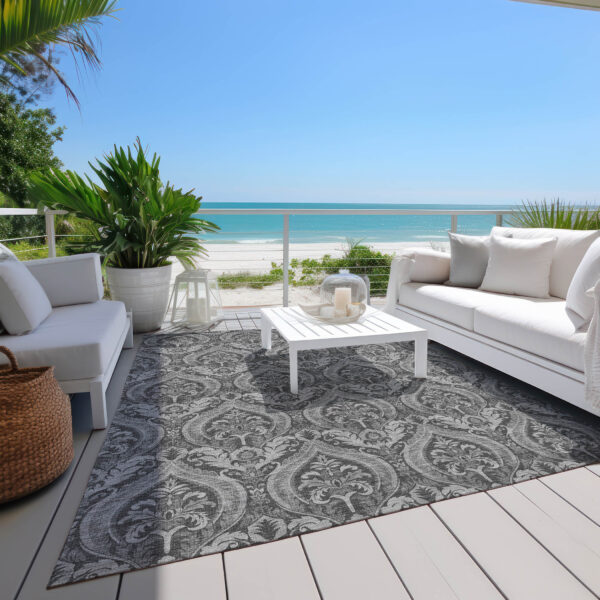 10' X 14' Gray Damask Washable Non Skid Indoor Outdoor Area Rug