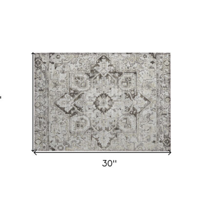 2' X 3' Ivory and Dark Brown Oriental Washable Non Skid Indoor Outdoor Area Rug