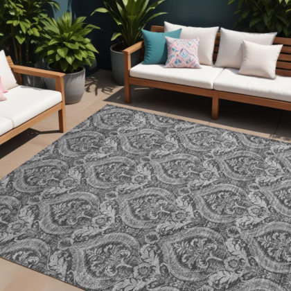10' X 14' Gray Damask Washable Non Skid Indoor Outdoor Area Rug