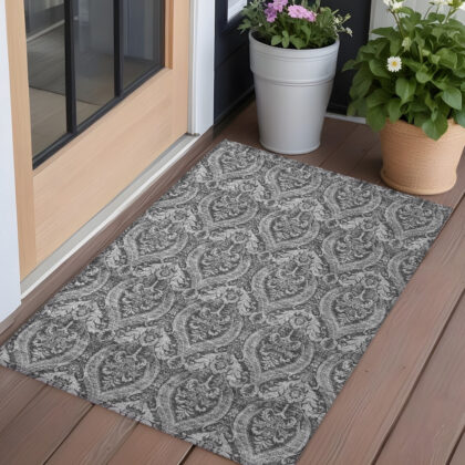 3' X 5' Gray Damask Washable Non Skid Indoor Outdoor Area Rug