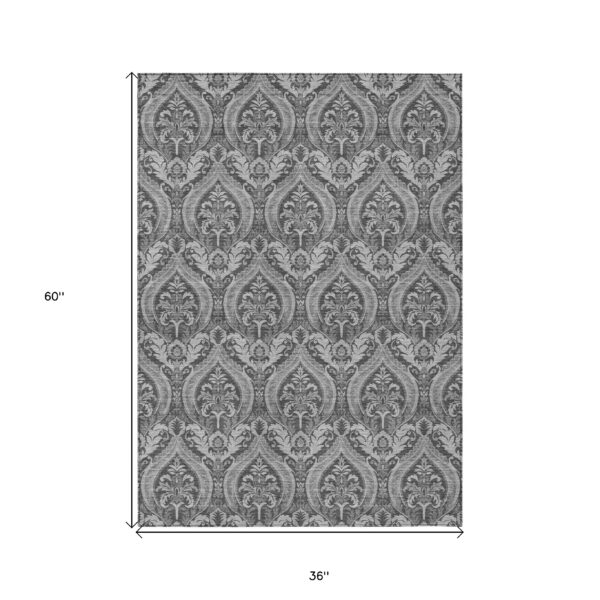 3' X 5' Gray Damask Washable Non Skid Indoor Outdoor Area Rug