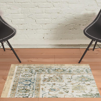 2' X 3' Grey Orange Blue Gold Green And Rust Oriental Printed Stain Resistant Non Skid Area Rug