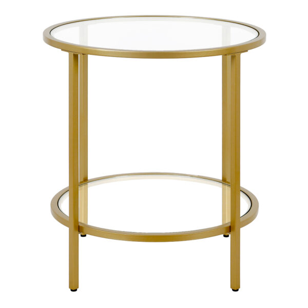 22" Brass And Clear Glass And Steel Round End Table With Shelf