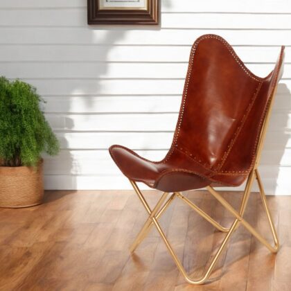 32" Brown And Gold Genuine Leather Butterfly Chair