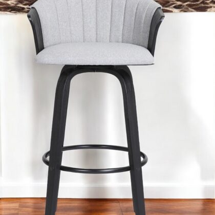 26" Light Gray And Black Fabric Swivel Counter Height Bar Chair