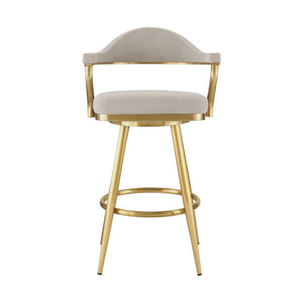 30" Taupe and Gold Fabric and Stainless Steel Bar Height Swivel Bar Chair