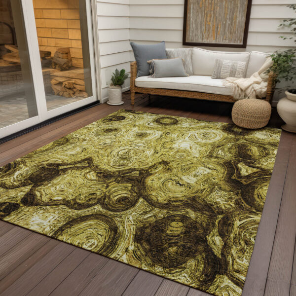 3' X 5' Gold Wheat And Chocolate Abstract Washable Indoor Outdoor Area Rug