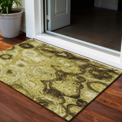 3' X 5' Gold Wheat And Chocolate Abstract Washable Indoor Outdoor Area Rug