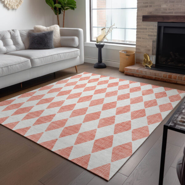 5' X 8' Salmon And Ivory Geometric Washable Indoor Outdoor Area Rug