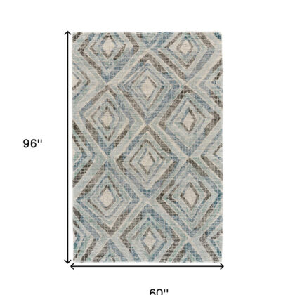 5' X 8' Blue Gray And Ivory Wool Geometric Tufted Handmade Area Rug