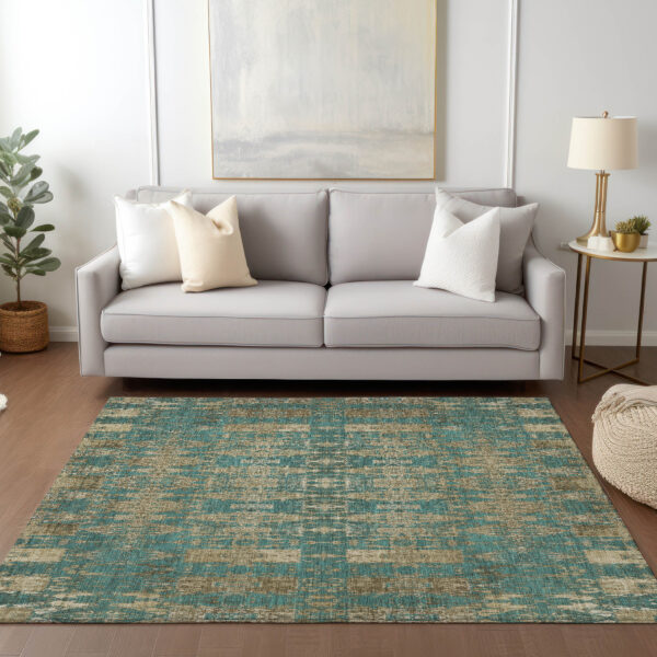 3' X 5' Teal Blue Taupe And Beige Moroccan Washable Indoor Outdoor Area Rug