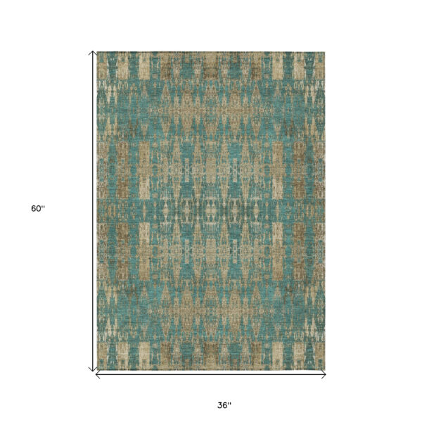 3' X 5' Teal Blue Taupe And Beige Moroccan Washable Indoor Outdoor Area Rug