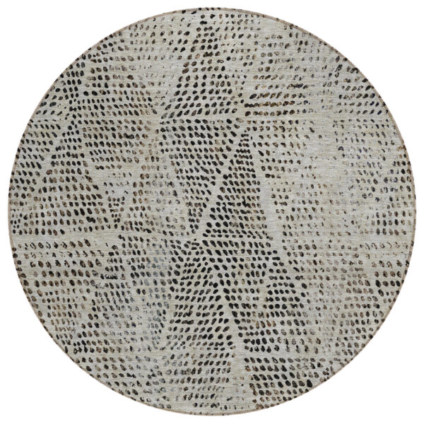 8' Gray Beige And Black Round Geometric Washable Indoor Outdoor Area Rug
