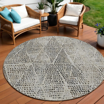 8' Gray Beige And Black Round Geometric Washable Indoor Outdoor Area Rug