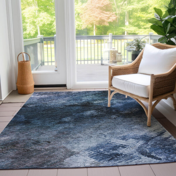 5' X 8' Navy Blue And Denim Blue Abstract Washable Indoor Outdoor Area Rug