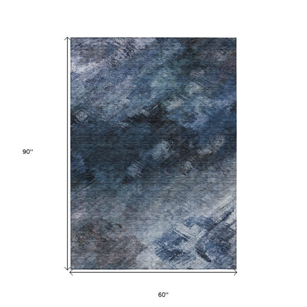 5' X 8' Navy Blue And Denim Blue Abstract Washable Indoor Outdoor Area Rug