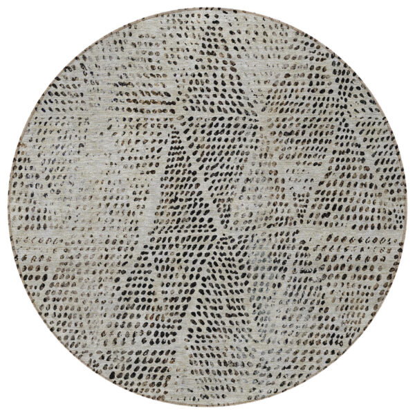 8' Gray Beige And Black Round Geometric Washable Indoor Outdoor Area Rug