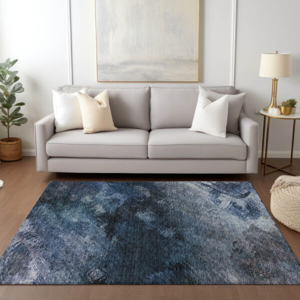 5' X 8' Navy Blue And Denim Blue Abstract Washable Indoor Outdoor Area Rug