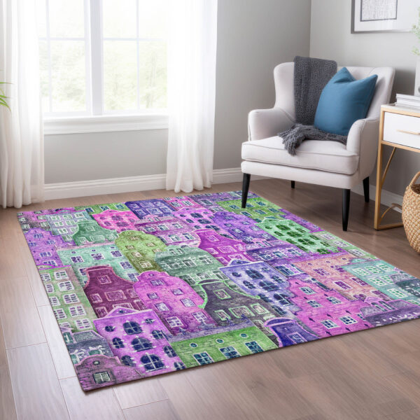 10' X 14' Purple Lilac And Green Village Houses Washable Indoor Outdoor Area Rug