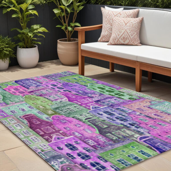 10' X 14' Purple Lilac And Green Village Houses Washable Indoor Outdoor Area Rug