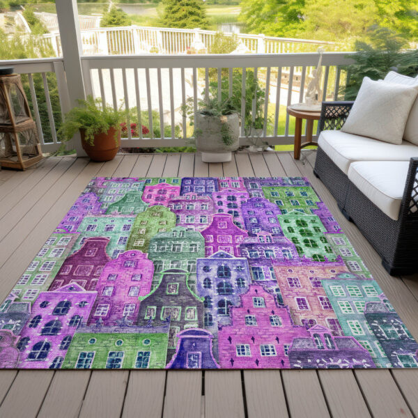 10' X 14' Purple Lilac And Green Village Houses Washable Indoor Outdoor Area Rug