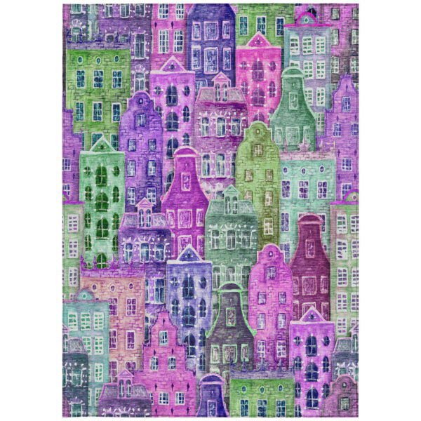 10' X 14' Purple Lilac And Green Village Houses Washable Indoor Outdoor Area Rug