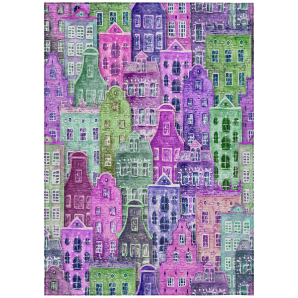 10' X 14' Purple Lilac And Green Village Houses Washable Indoor Outdoor Area Rug
