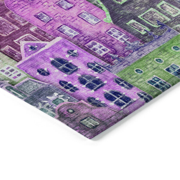 10' X 14' Purple Lilac And Green Village Houses Washable Indoor Outdoor Area Rug