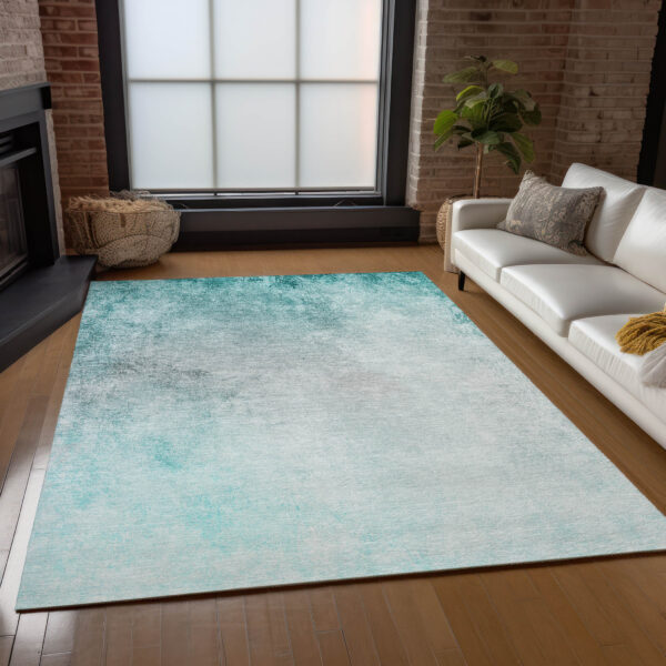 3' X 5' Teal Blue Aqua And Gray Ombre Washable Indoor Outdoor Area Rug