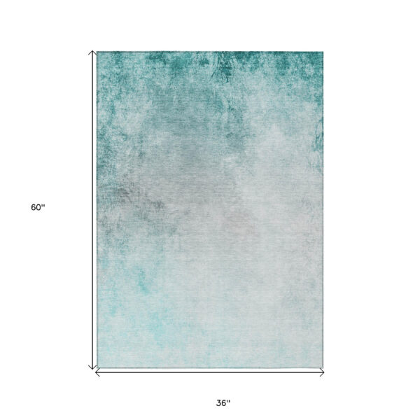 3' X 5' Teal Blue Aqua And Gray Ombre Washable Indoor Outdoor Area Rug